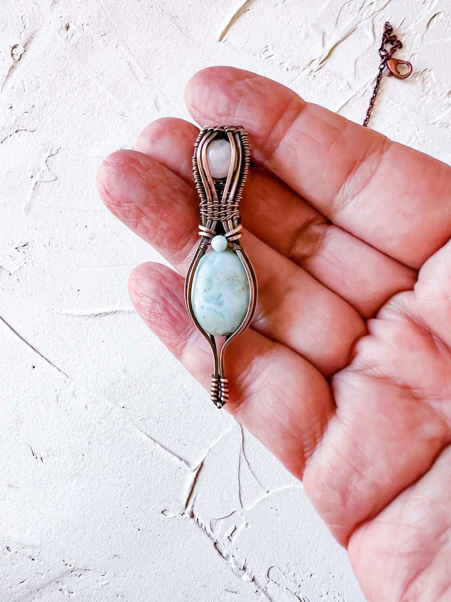 Exquisite Larimar and Rose Quartz copper wire pendant with larimar accent bead - Copper Jewels