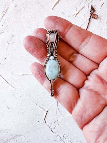 Exquisite Larimar and Rose Quartz copper wire pendant with larimar accent bead - Copper Jewels