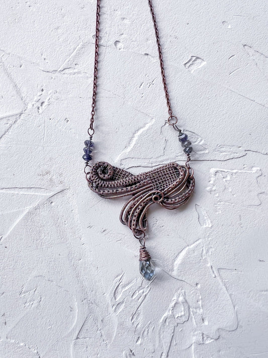 Exquisite Wire Woven Pendant with Iolite Accents - Copper Jewels