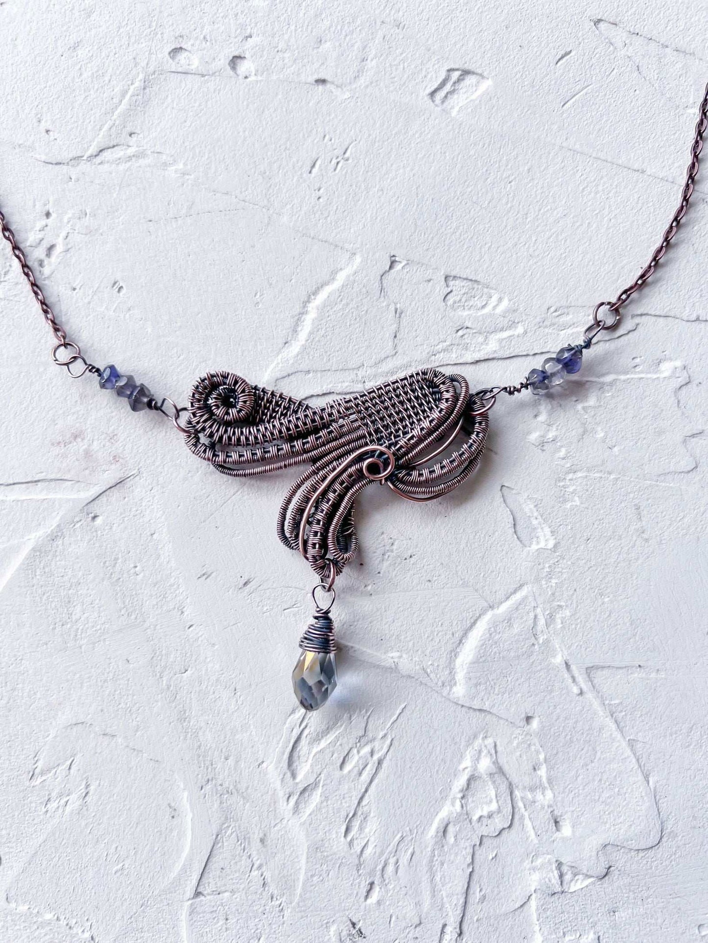 Exquisite Wire Woven Pendant with Iolite Accents - Copper Jewels