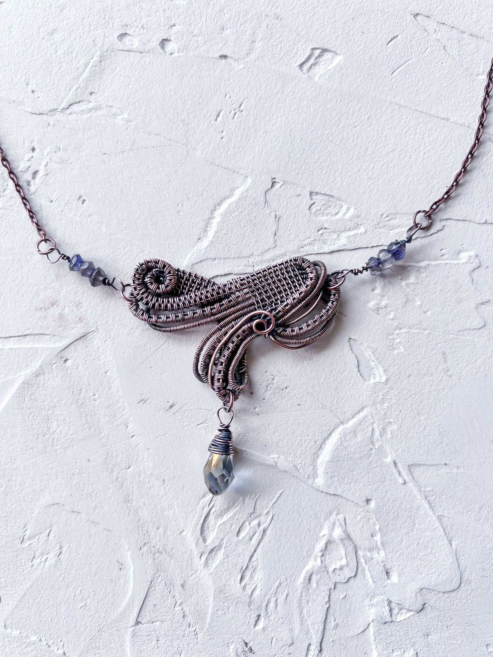 Exquisite Wire Woven Pendant with Iolite Accents - Copper Jewels