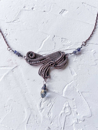 Exquisite Wire Woven Pendant with Iolite Accents - Copper Jewels