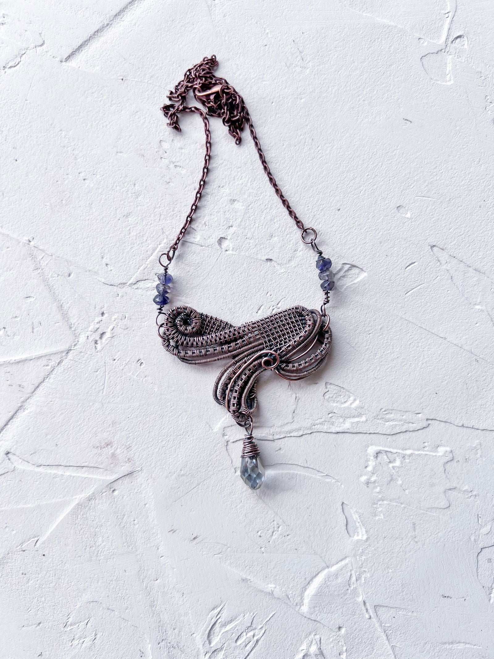 Exquisite Wire Woven Pendant with Iolite Accents - Copper Jewels