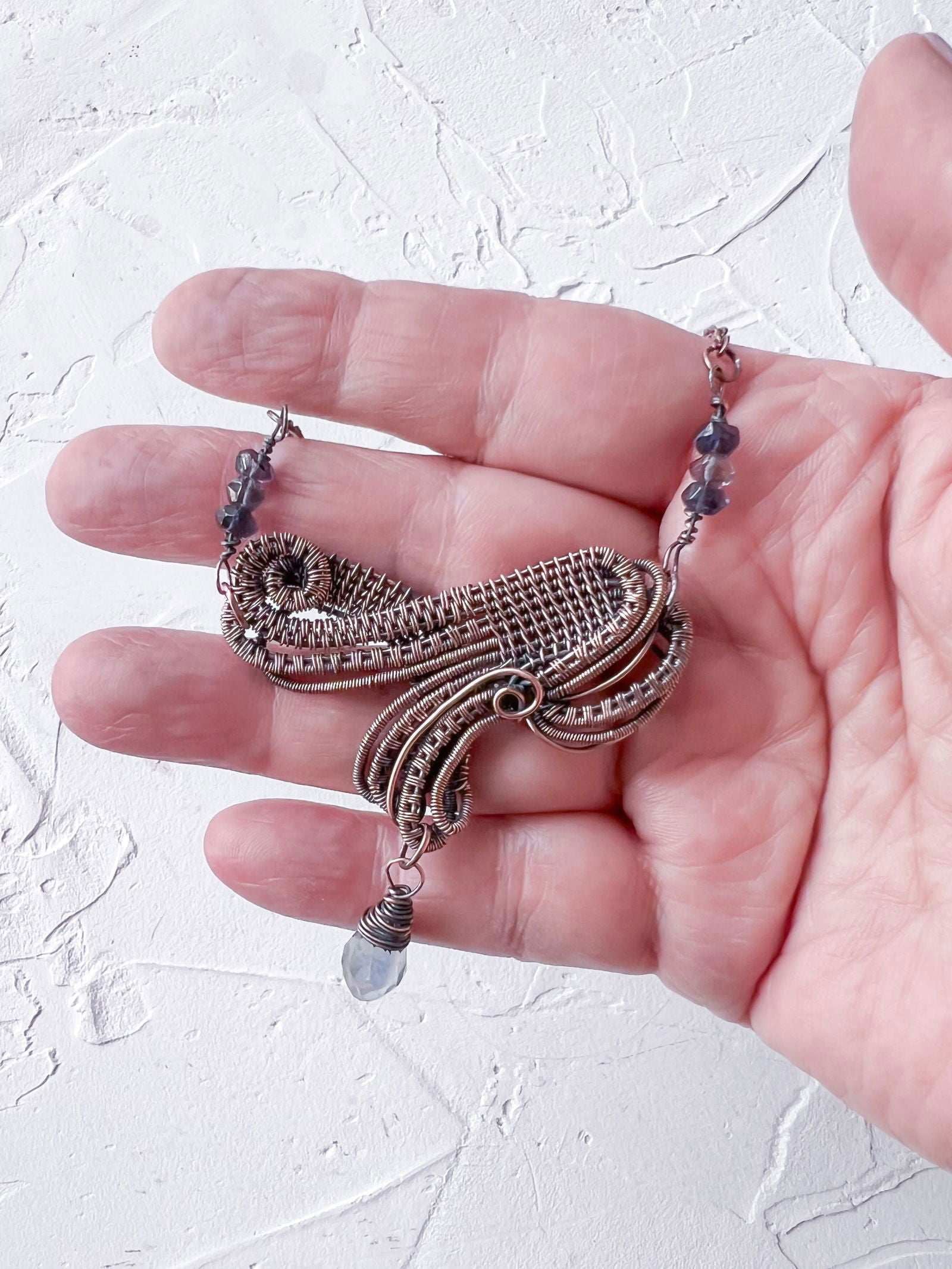 Exquisite Wire Woven Pendant with Iolite Accents - Copper Jewels