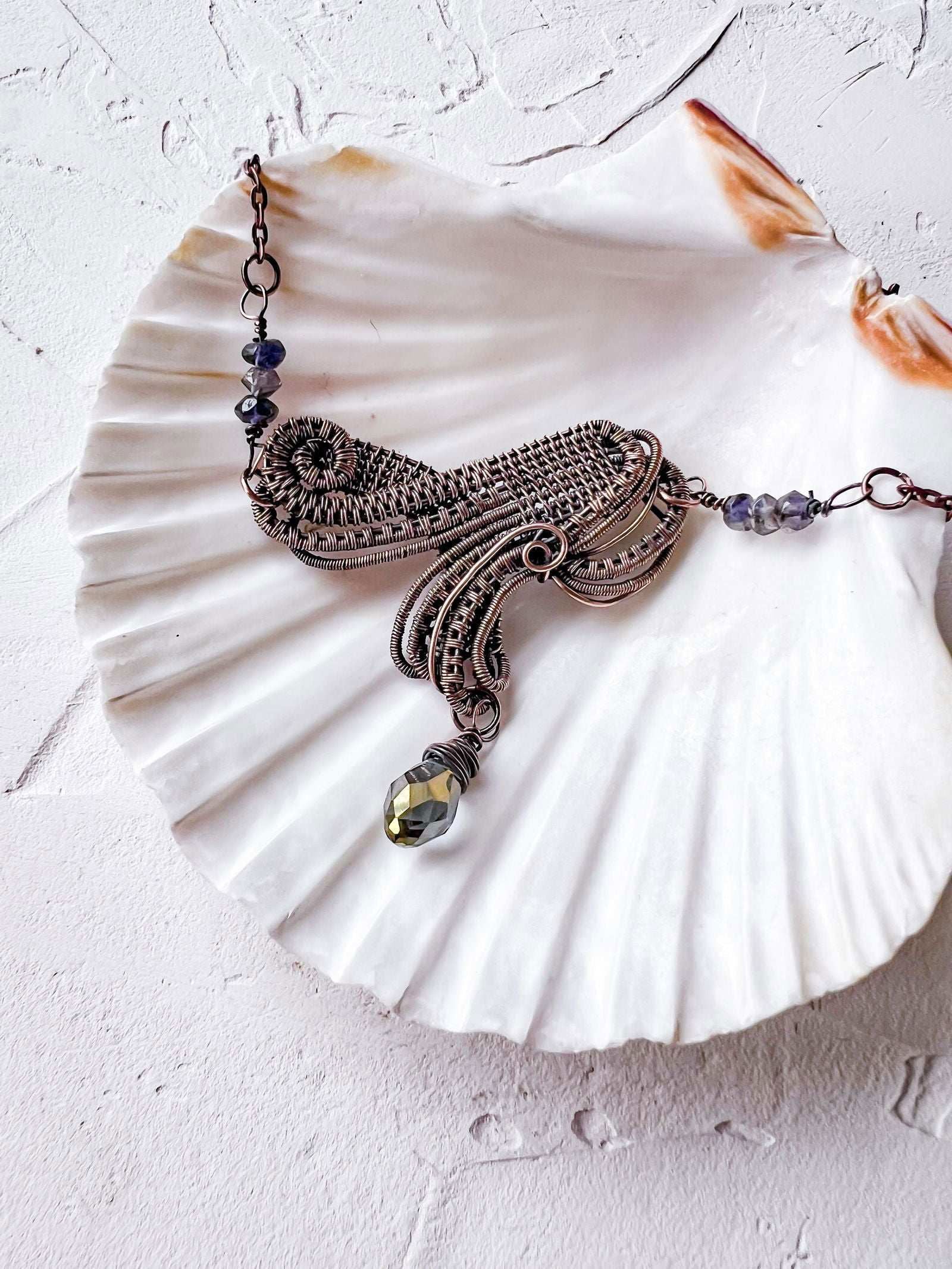 Exquisite Wire Woven Pendant with Iolite Accents - Copper Jewels