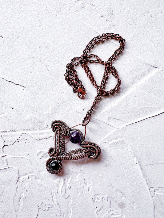 Fine Wire Woven pendant with Amethyst and Black Tourmaline - Copper Jewels