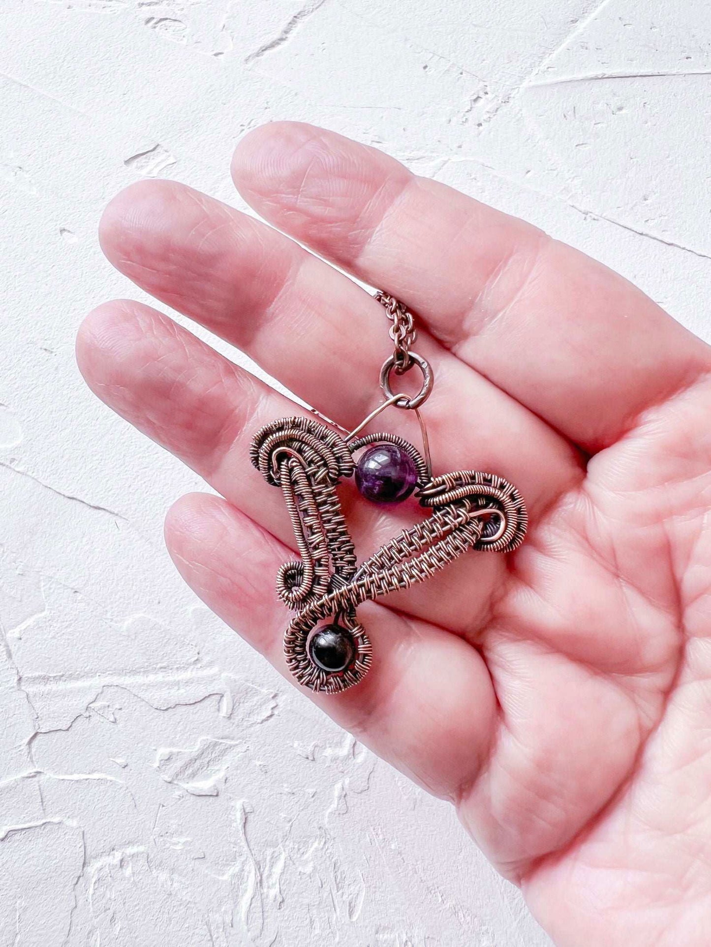 Fine Wire Woven pendant with Amethyst and Black Tourmaline - Copper Jewels