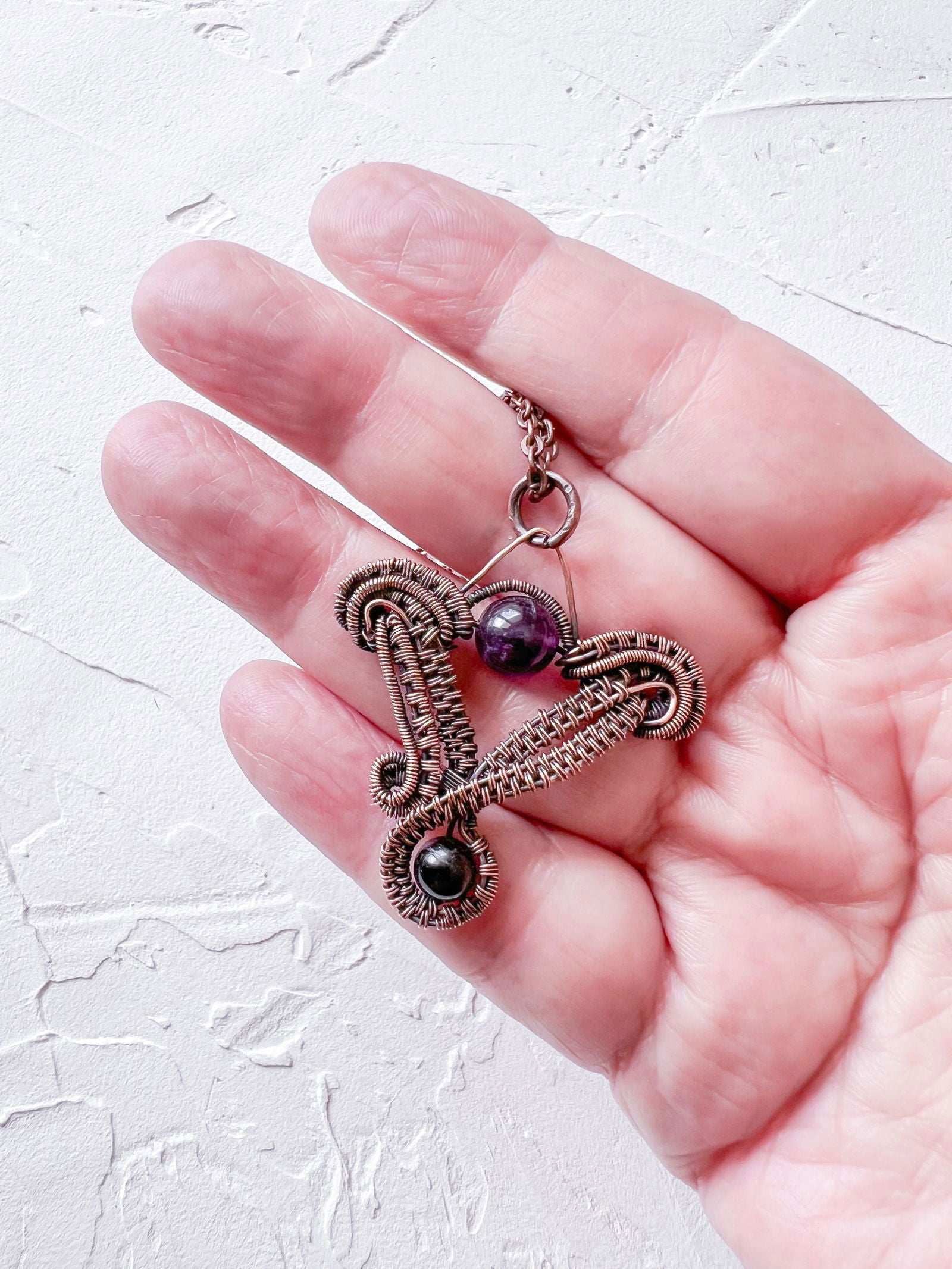 Fine Wire Woven pendant with Amethyst and Black Tourmaline - Copper Jewels
