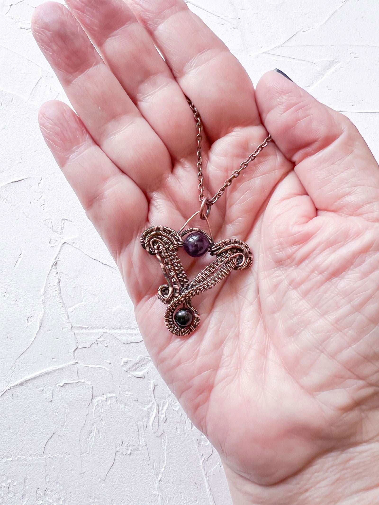Fine Wire Woven pendant with Amethyst and Black Tourmaline - Copper Jewels