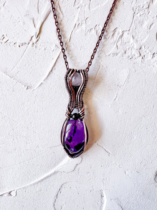 Gorgeous Amethyst and Rose Quartz copper wire pendant with Black Tourmaline accent bead - Copper Jewels