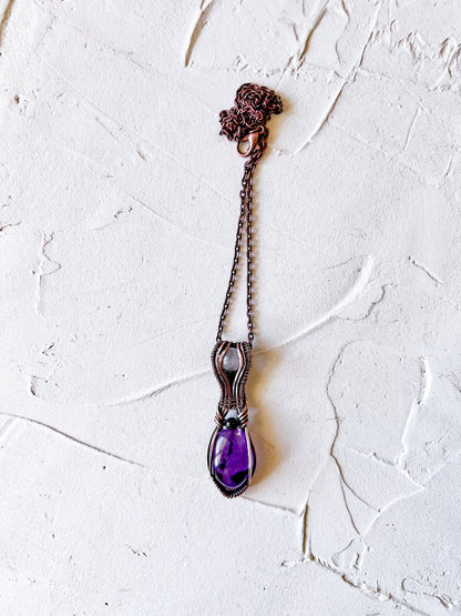 Gorgeous Amethyst and Rose Quartz copper wire pendant with Black Tourmaline accent bead - Copper Jewels