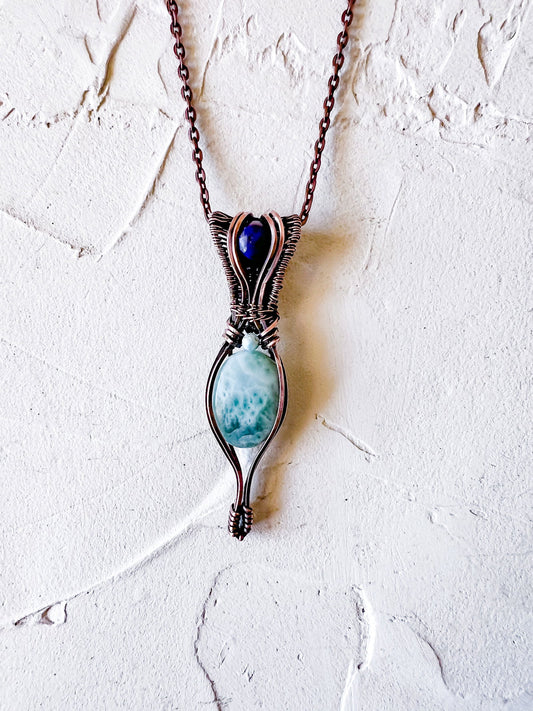 Gorgeous Larimar and Lapis Lazuli copper wire pendant with larimar accent bead - Copper Jewels