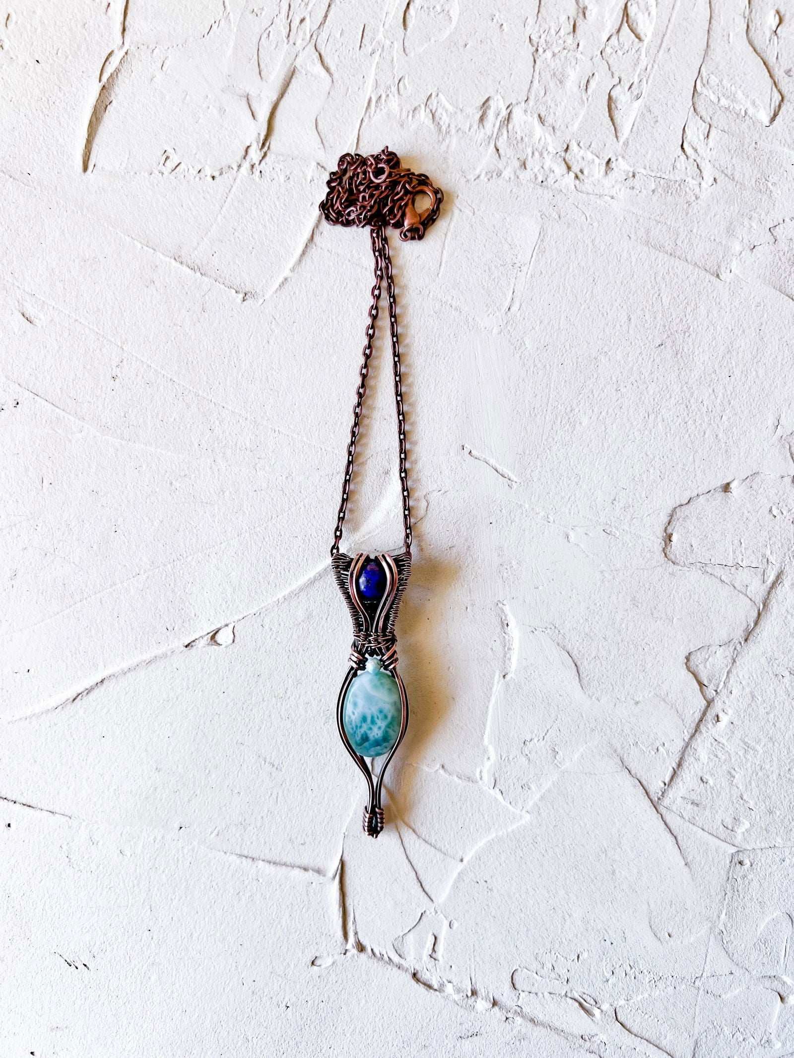 Gorgeous Larimar and Lapis Lazuli copper wire pendant with larimar accent bead - Copper Jewels