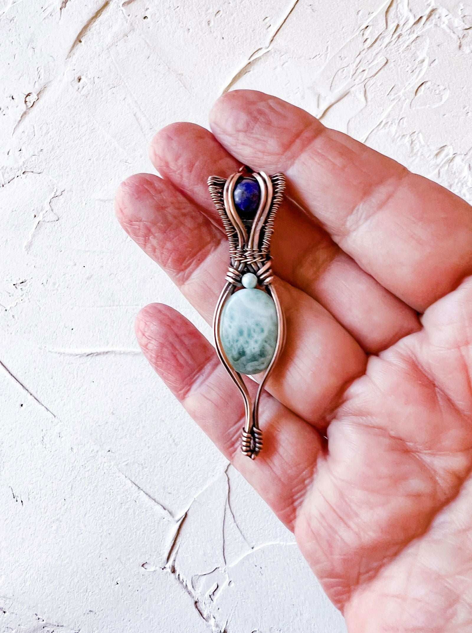 Gorgeous Larimar and Lapis Lazuli copper wire pendant with larimar accent bead - Copper Jewels
