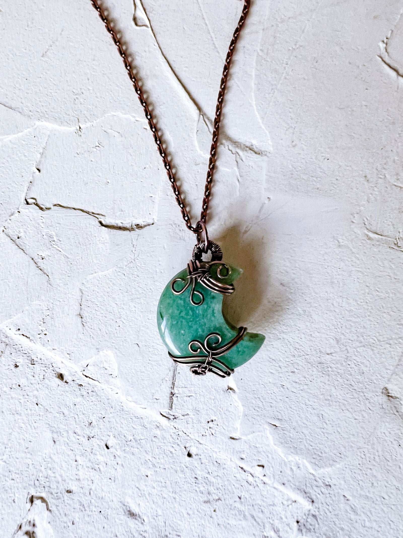 Green Aventurine Crescent Moon and Copper Wire Necklace - Copper Jewels