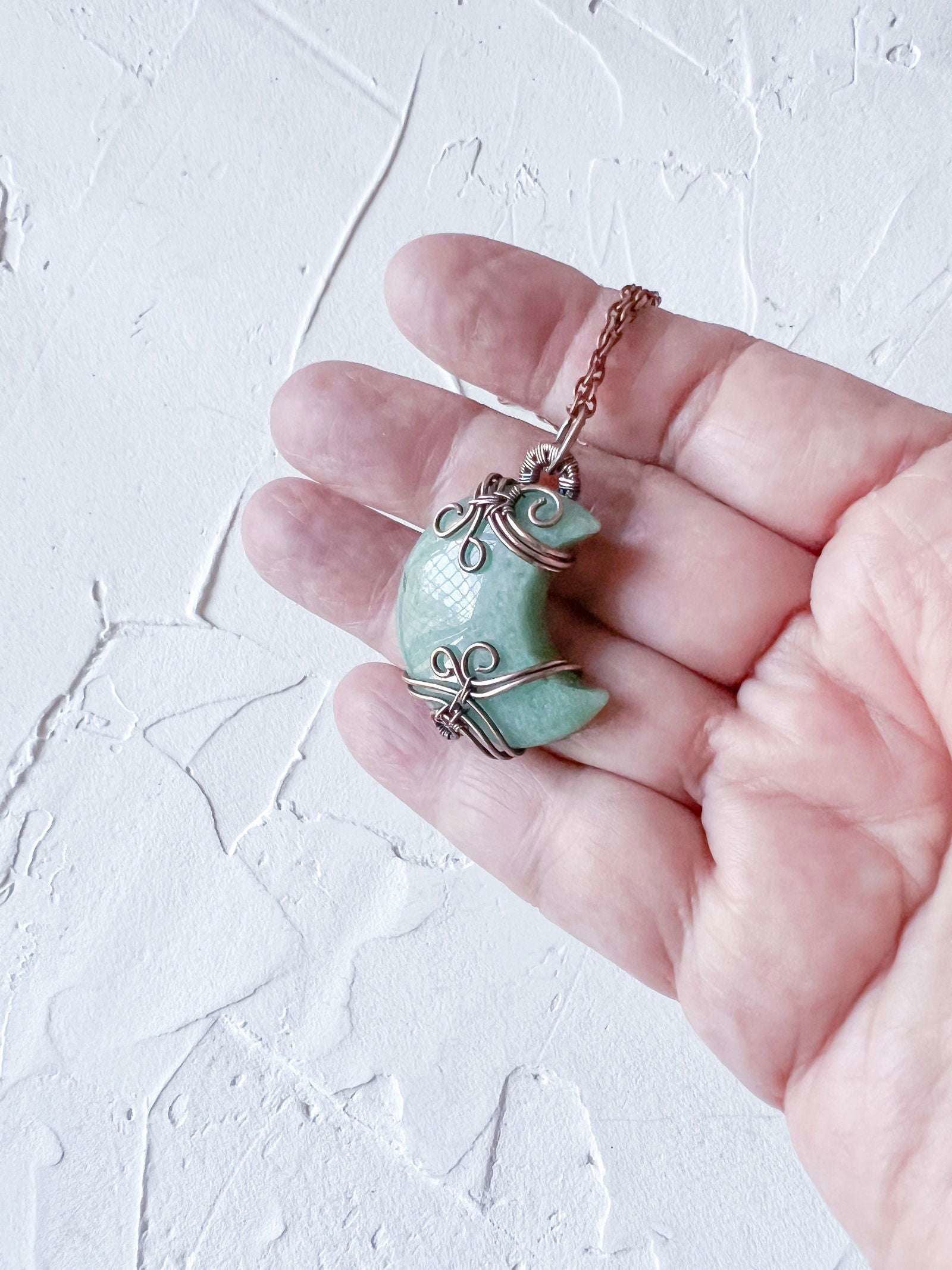 Green Aventurine Crescent Moon and Copper Wire Necklace - Copper Jewels