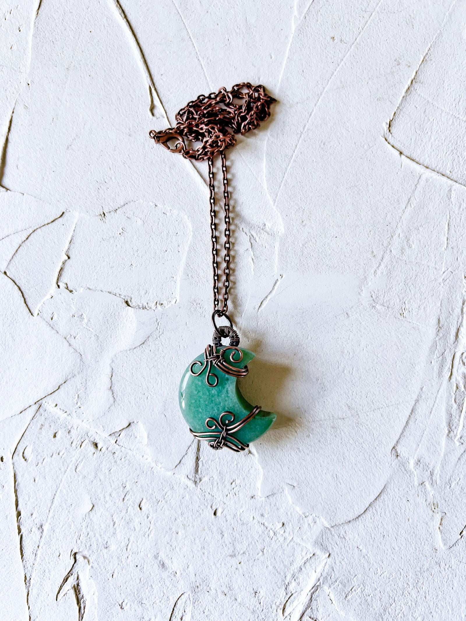 Green Aventurine Crescent Moon and Copper Wire Necklace - Copper Jewels
