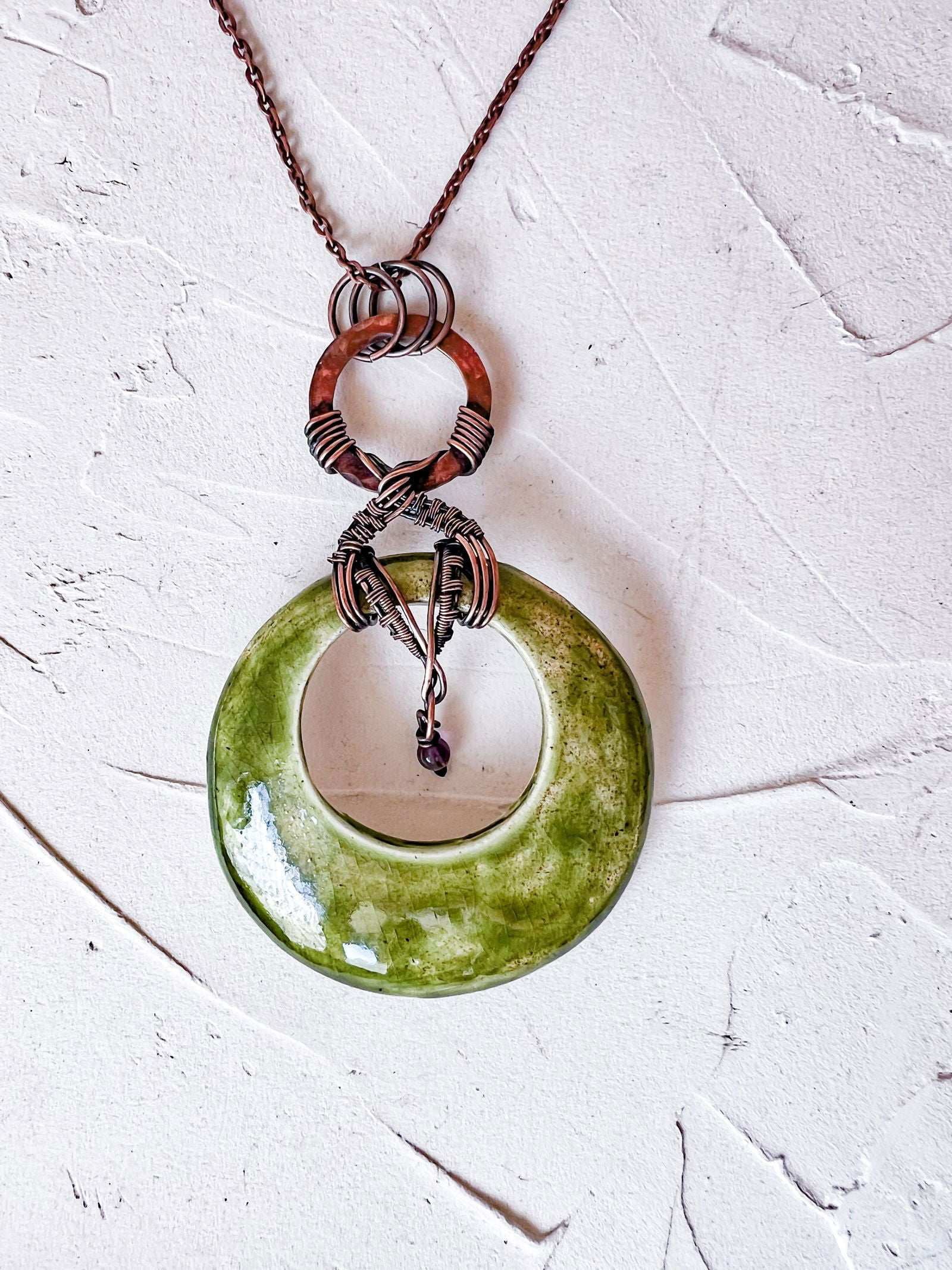 Handmade Green Glaze Ceramic and Copper Boho Pendant - Copper Jewels