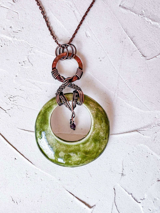 Handmade Green Glaze Ceramic and Copper Boho Pendant - Copper Jewels