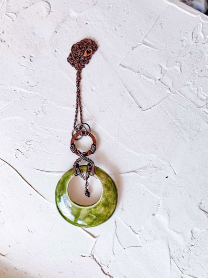 Handmade Green Glaze Ceramic and Copper Boho Pendant - Copper Jewels