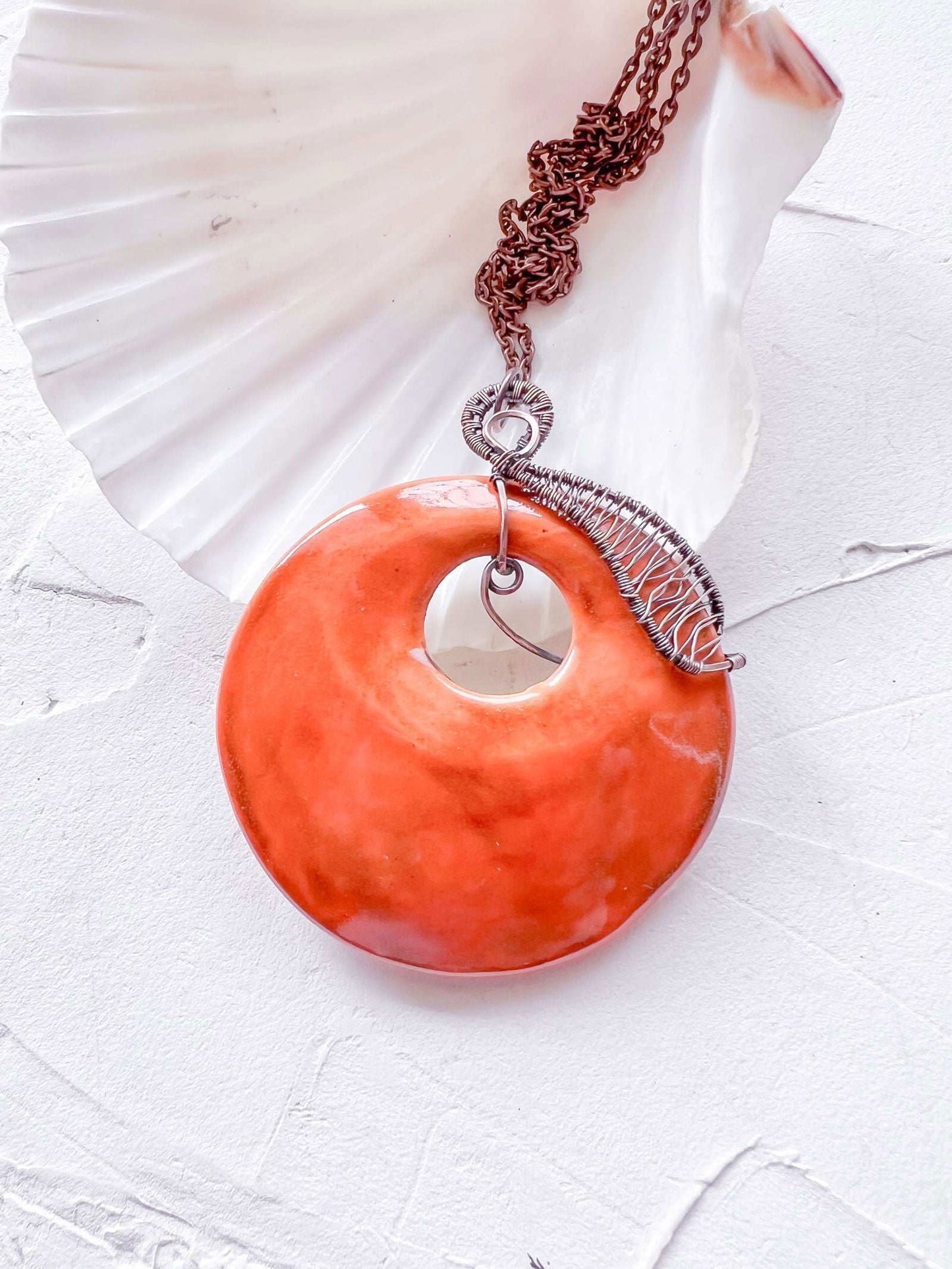 Handmade Orange Glaze Ceramic and Copper Boho Pendant - Copper Jewels