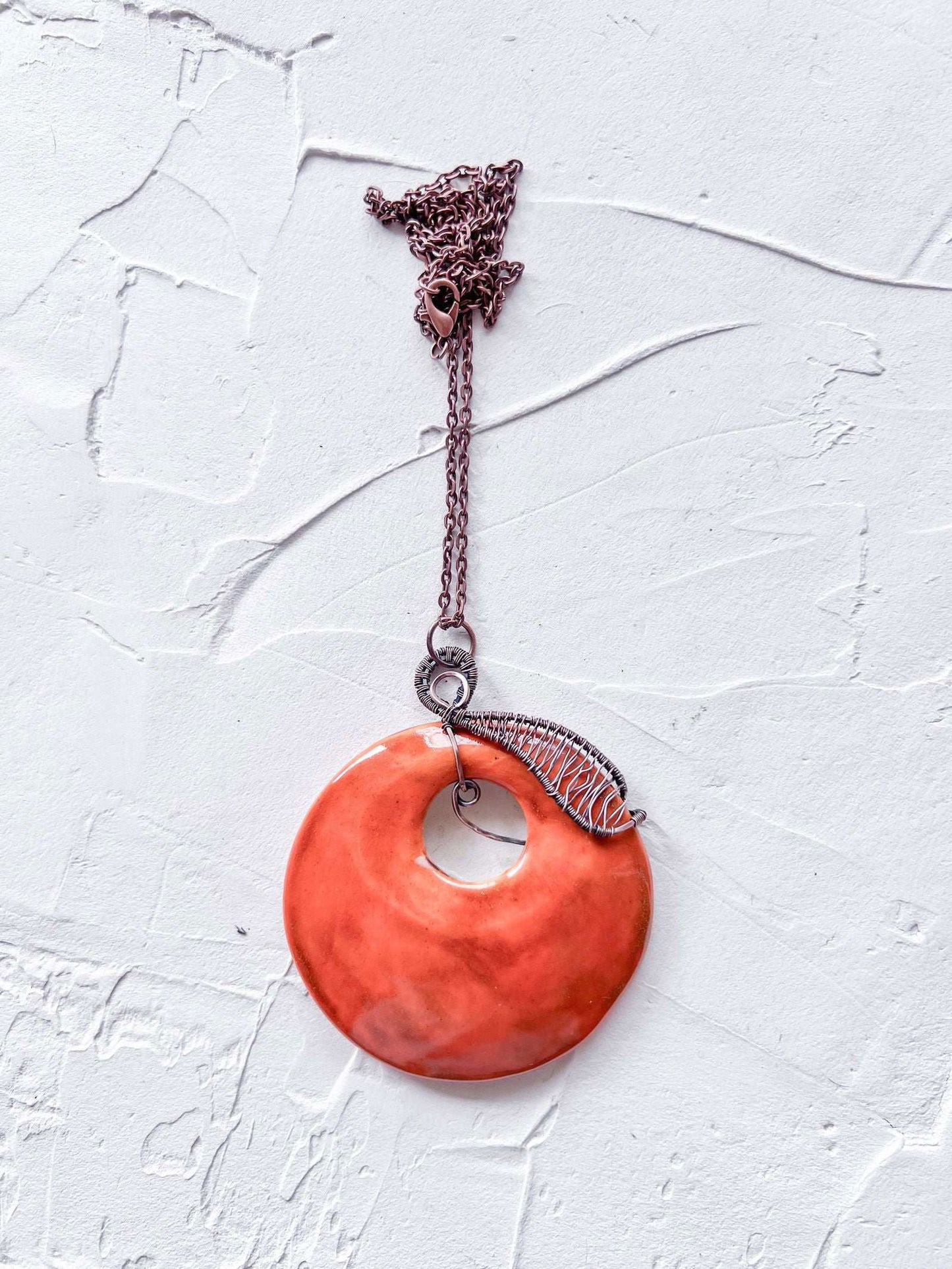 Handmade Orange Glaze Ceramic and Copper Boho Pendant - Copper Jewels