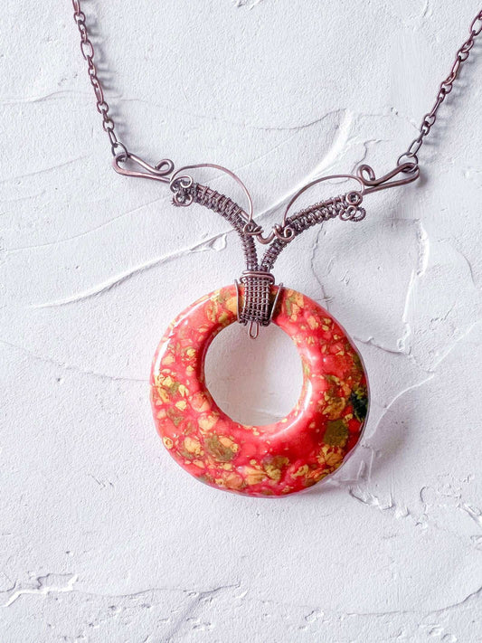 Handmade Orange and Yellow Glaze Ceramic and Copper Boho Pendant - Copper Jewels