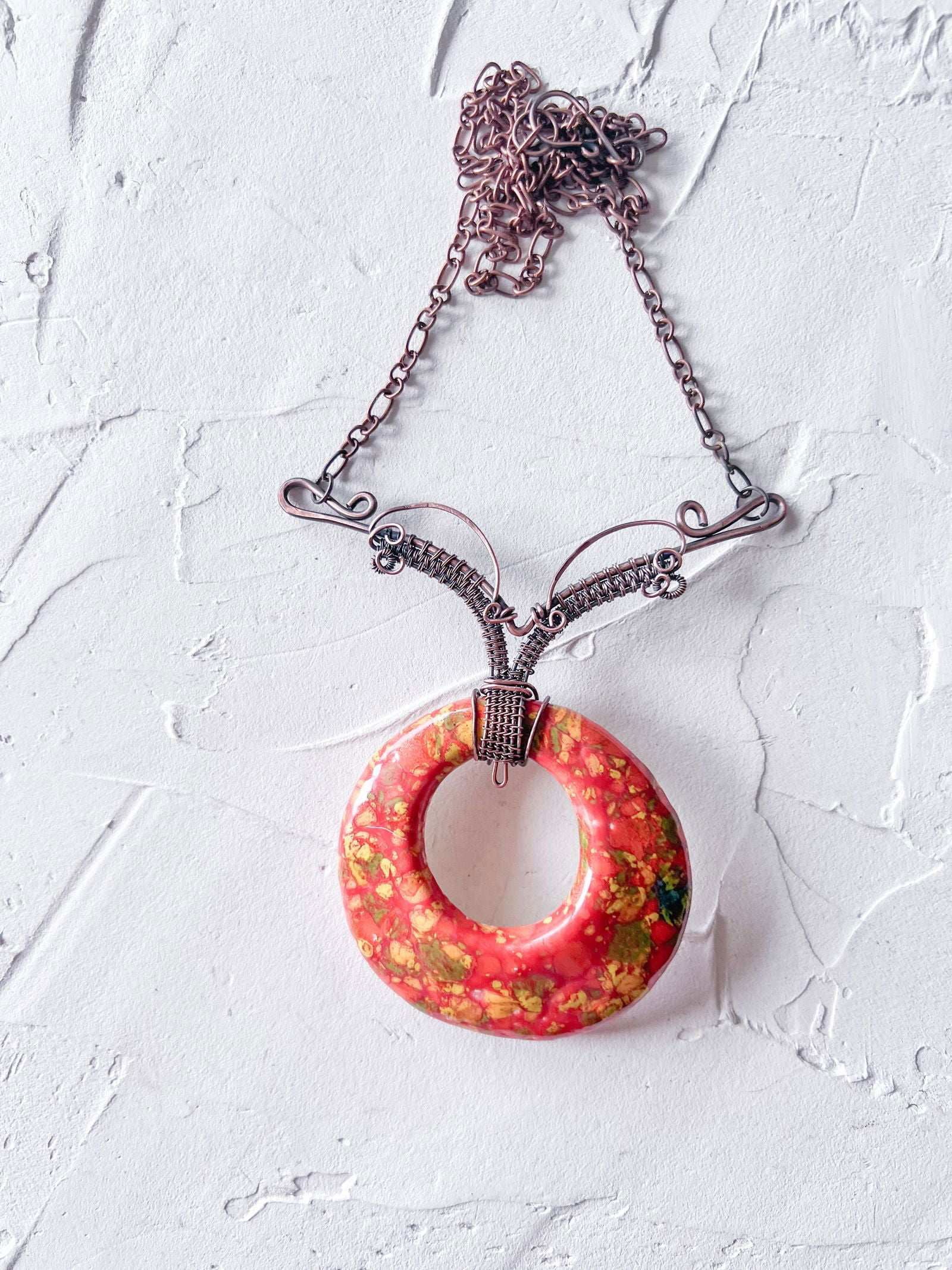 Handmade Orange and Yellow Glaze Ceramic and Copper Boho Pendant - Copper Jewels