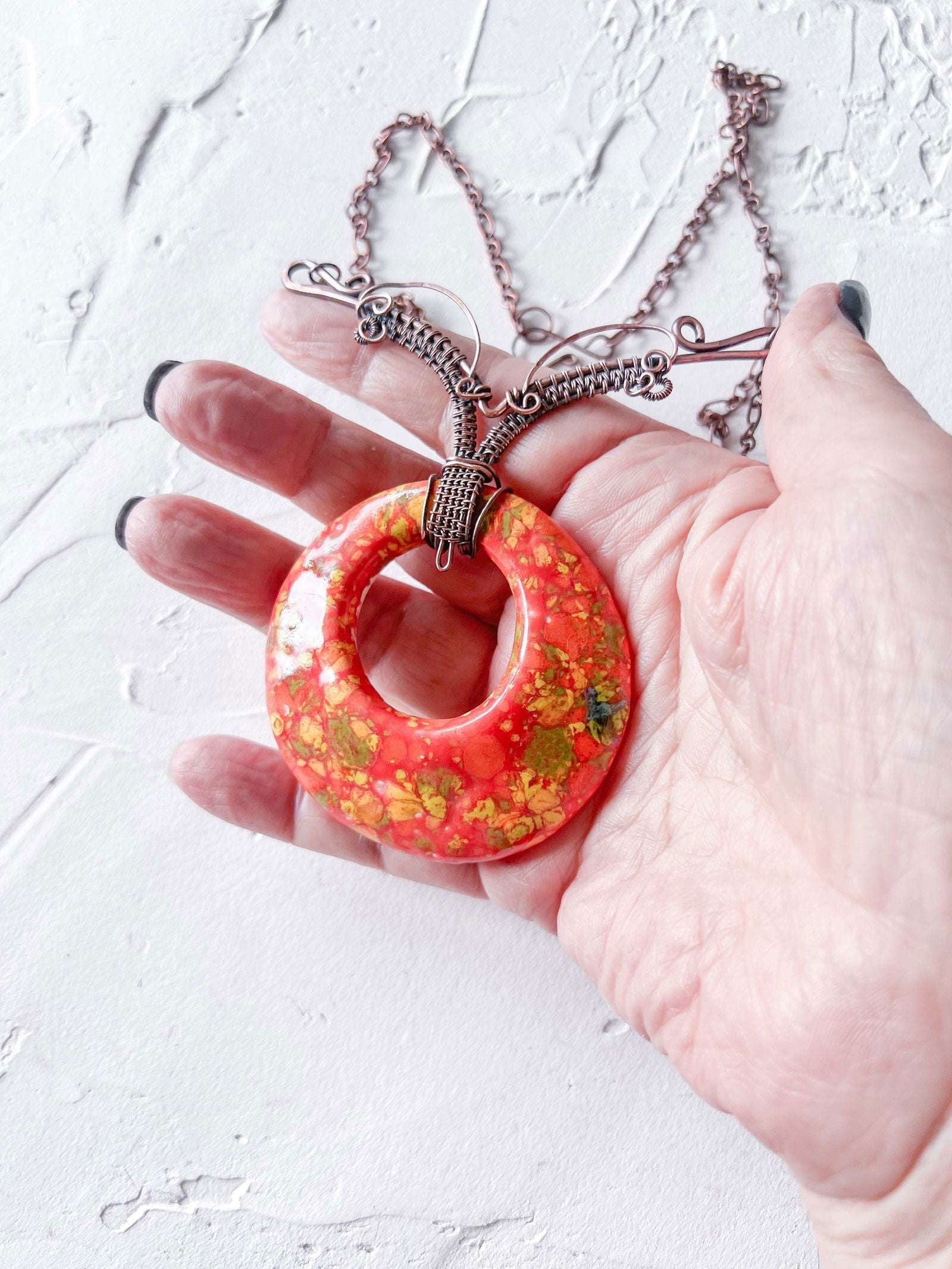 Handmade Orange and Yellow Glaze Ceramic and Copper Boho Pendant - Copper Jewels