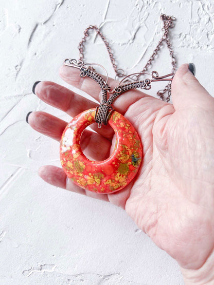 Handmade Orange and Yellow Glaze Ceramic and Copper Boho Pendant - Copper Jewels