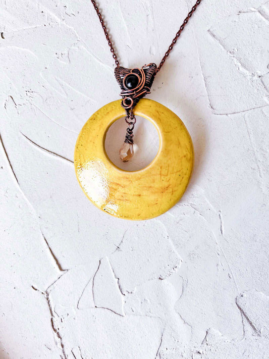 Handmade Yellow Glaze Ceramic and Copper Boho Pendant - Copper Jewels