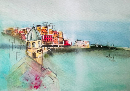 Harbour Light – Italy | Original Watercolour Painting - Copper Jewels