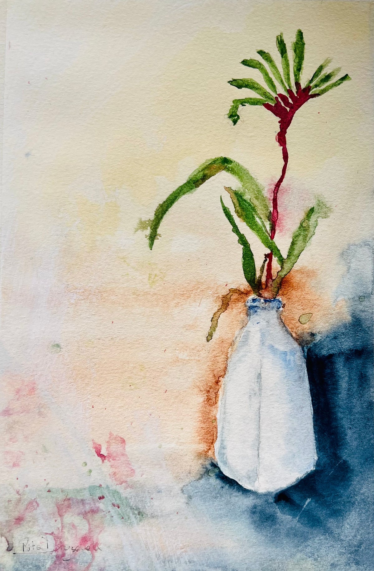 Kangaroo Paw in White Vase – Original Watercolour and Mixed Media Painting