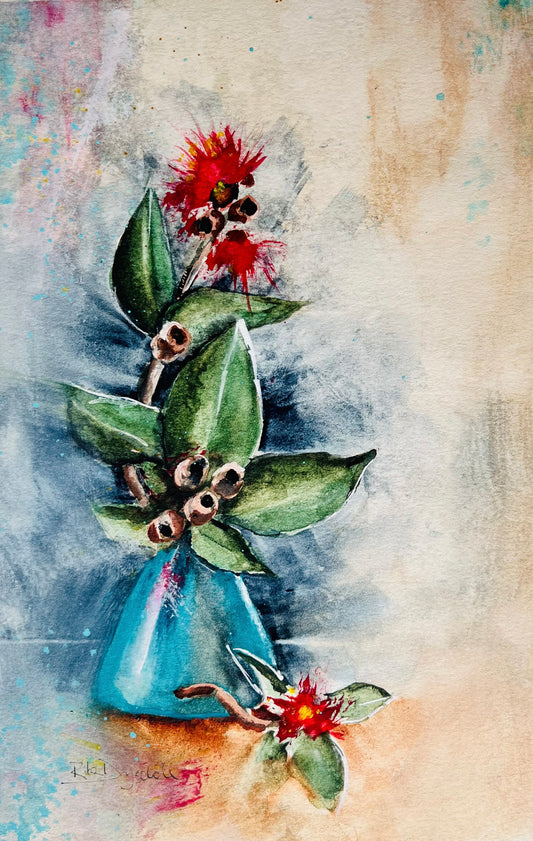 Gum Blossoms and Gumnuts in a Turquoise Vase – Original Watercolour and Mixed Media Artwork