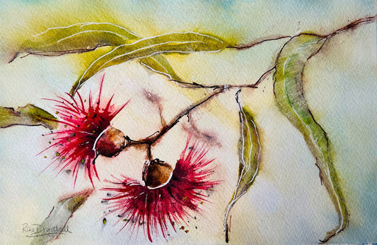 Crimson Gum Blossoms and Leaves – Original Watercolour and Mixed Media Artwork