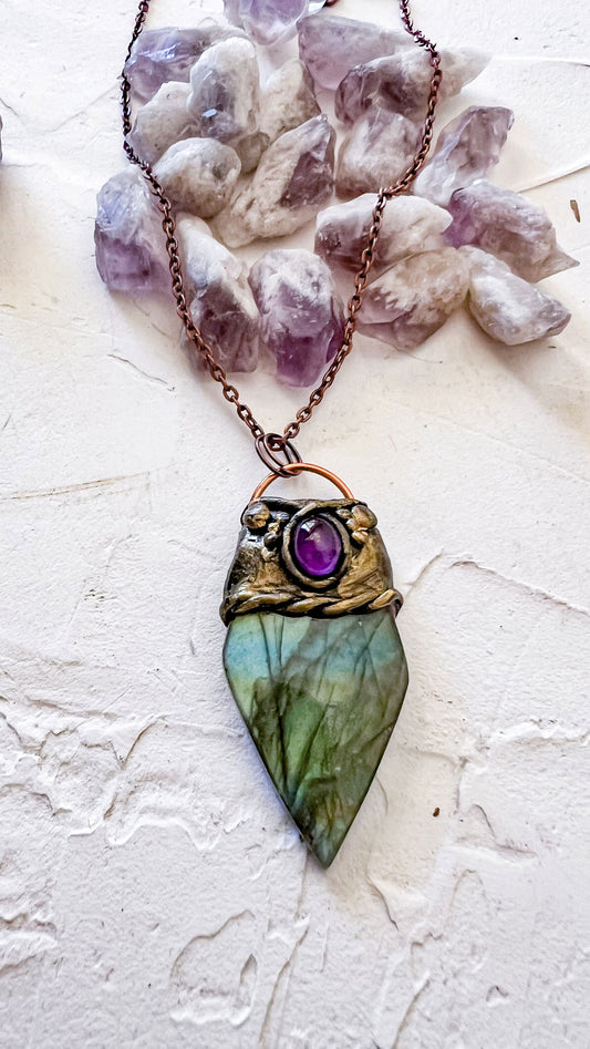 Labradorite and Amethyst Leaf Pendant - Copper Jewels