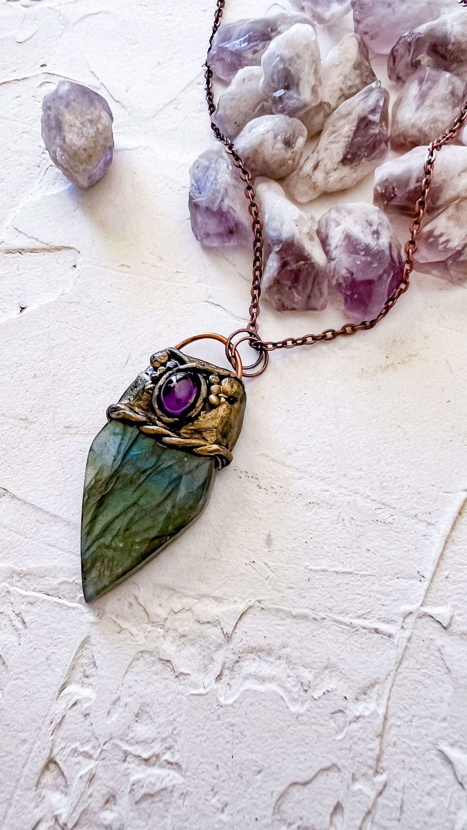 Labradorite and Amethyst Leaf Pendant - Copper Jewels