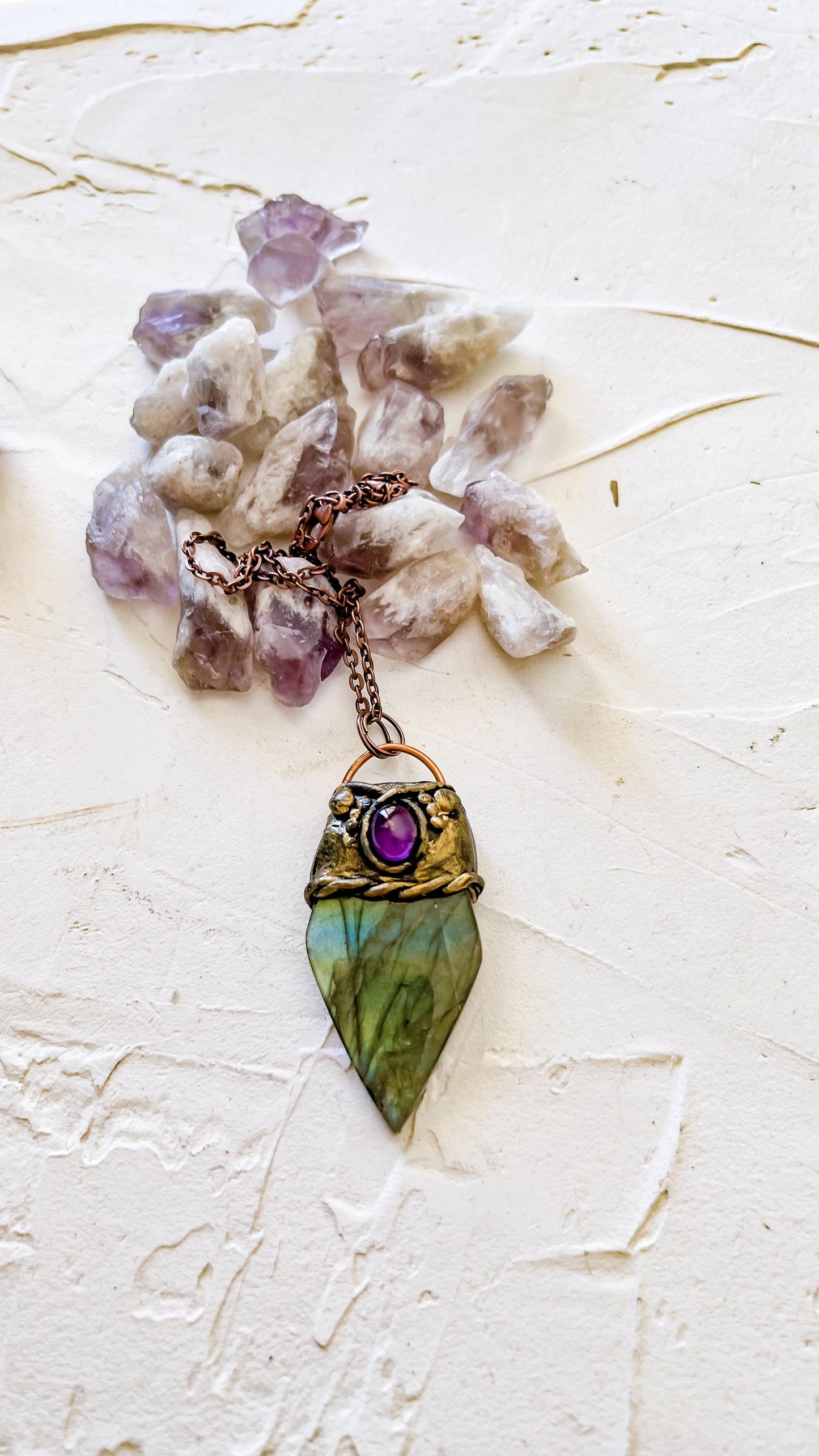 Labradorite and Amethyst Leaf Pendant - Copper Jewels