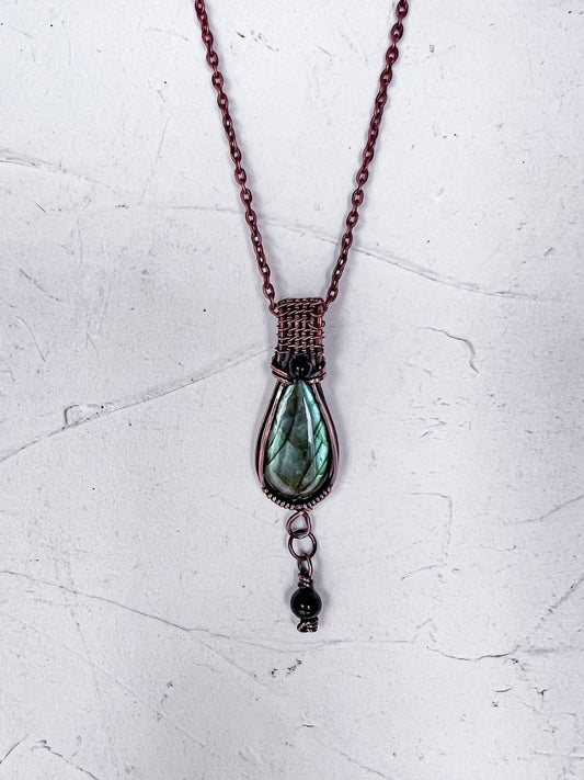 Labradorite and Black Tourmaline Copper Wire Pendant - Copper Jewels