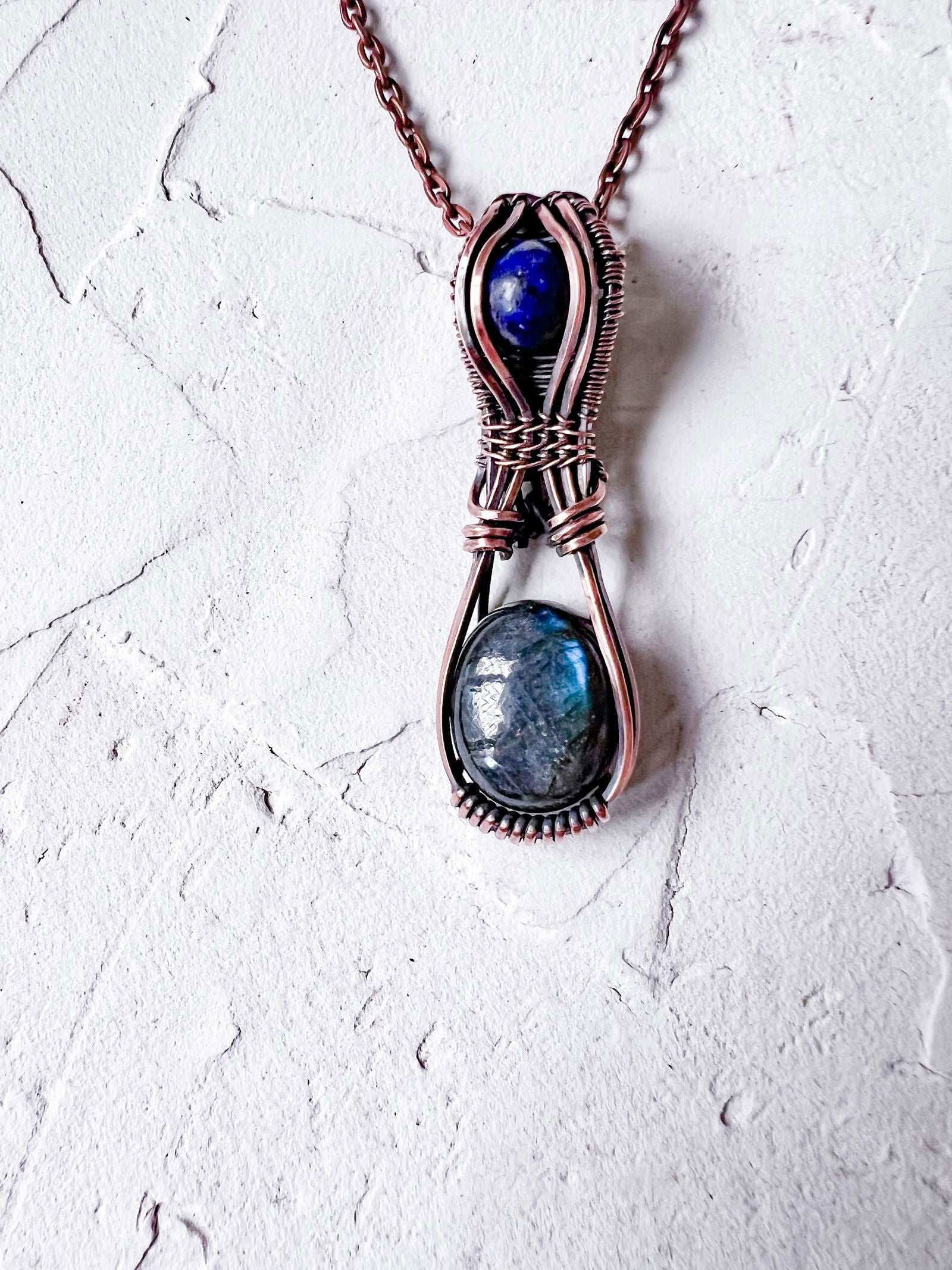 Labradorite and Lapis Lazuli Copper Wire Pendant - Copper Jewels