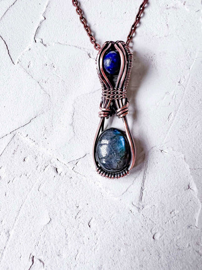 Labradorite and Lapis Lazuli Copper Wire Pendant - Copper Jewels