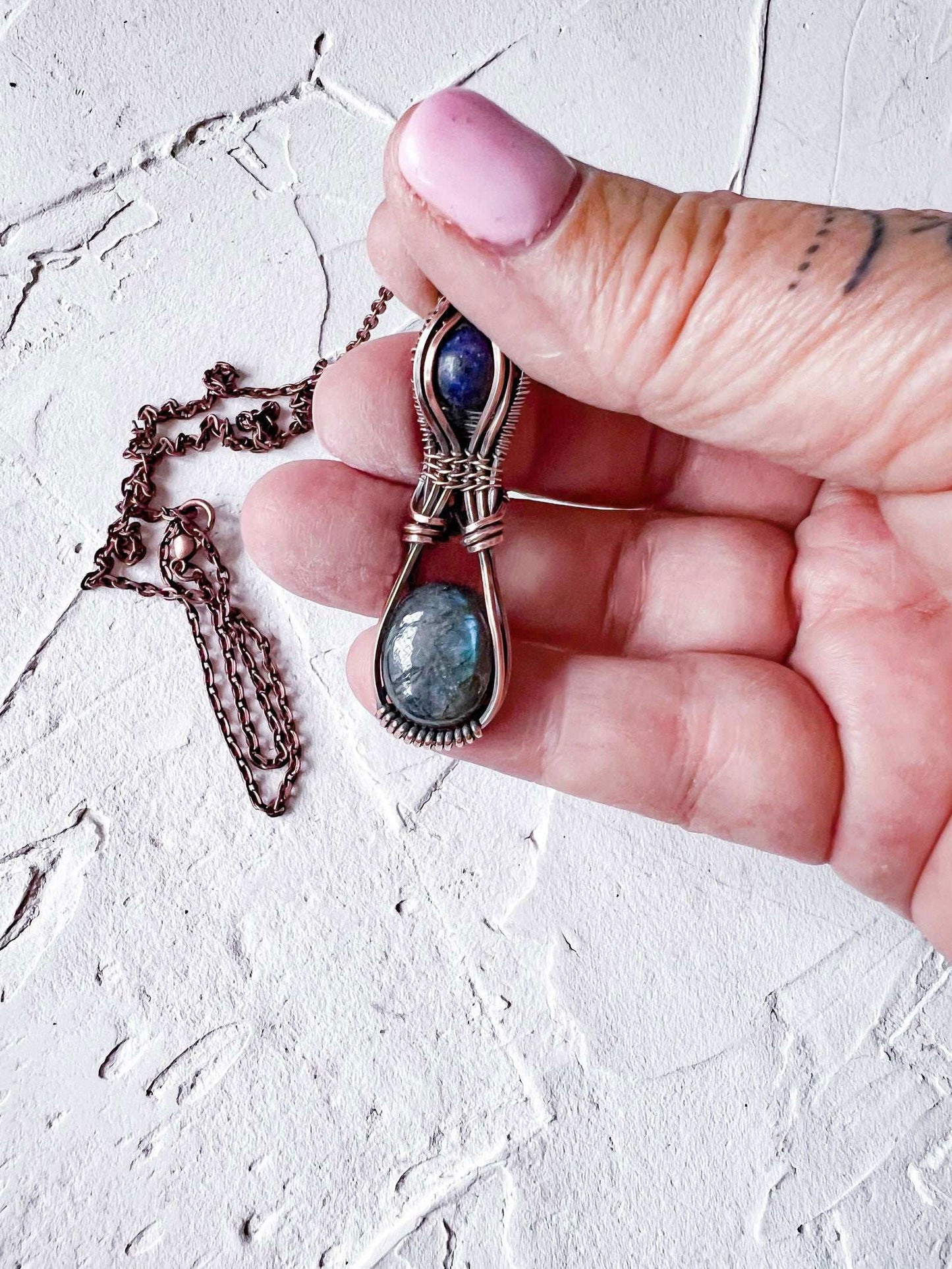 Labradorite and Lapis Lazuli Copper Wire Pendant - Copper Jewels