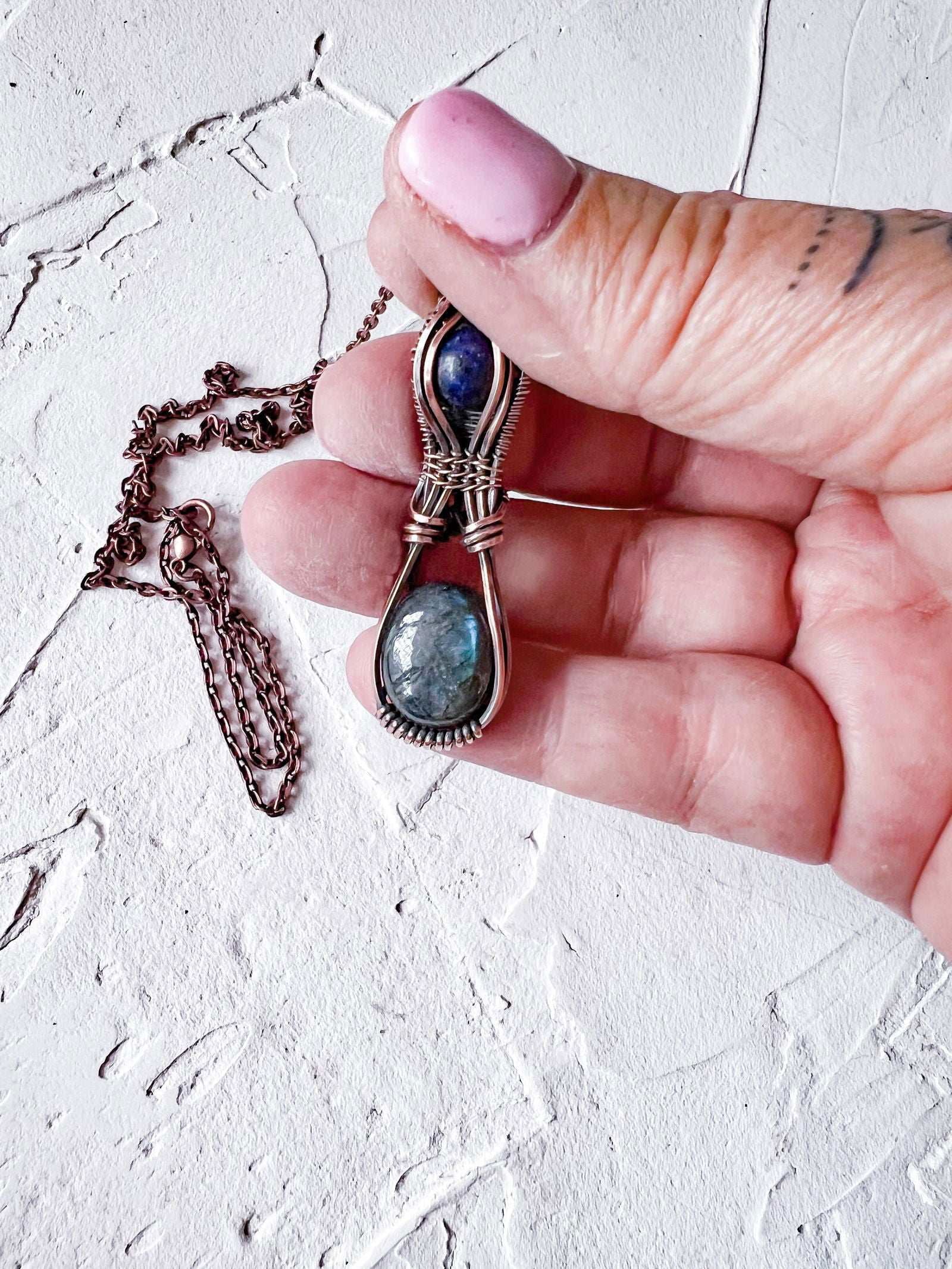 Labradorite and Lapis Lazuli Copper Wire Pendant - Copper Jewels