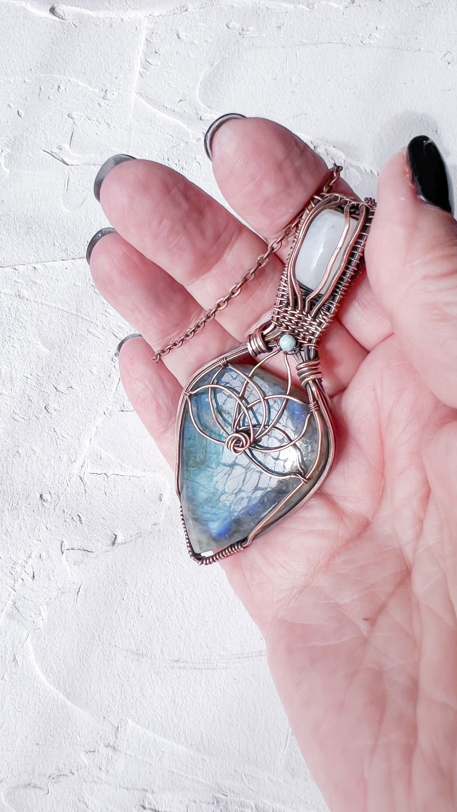 Labradorite and Moonstone Lotus Pendant - Copper Jewels