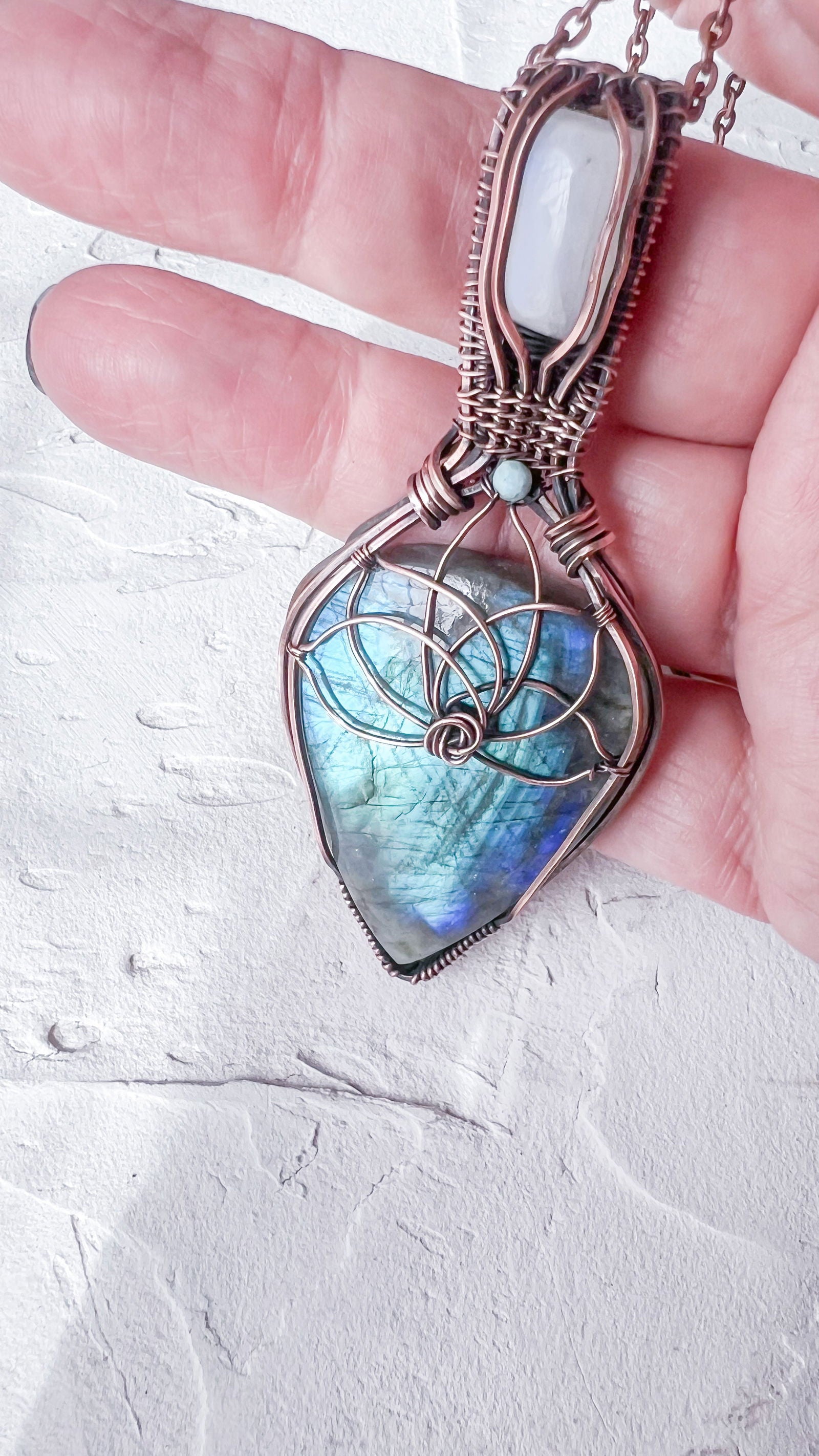 Labradorite and Moonstone Lotus Pendant - Copper Jewels