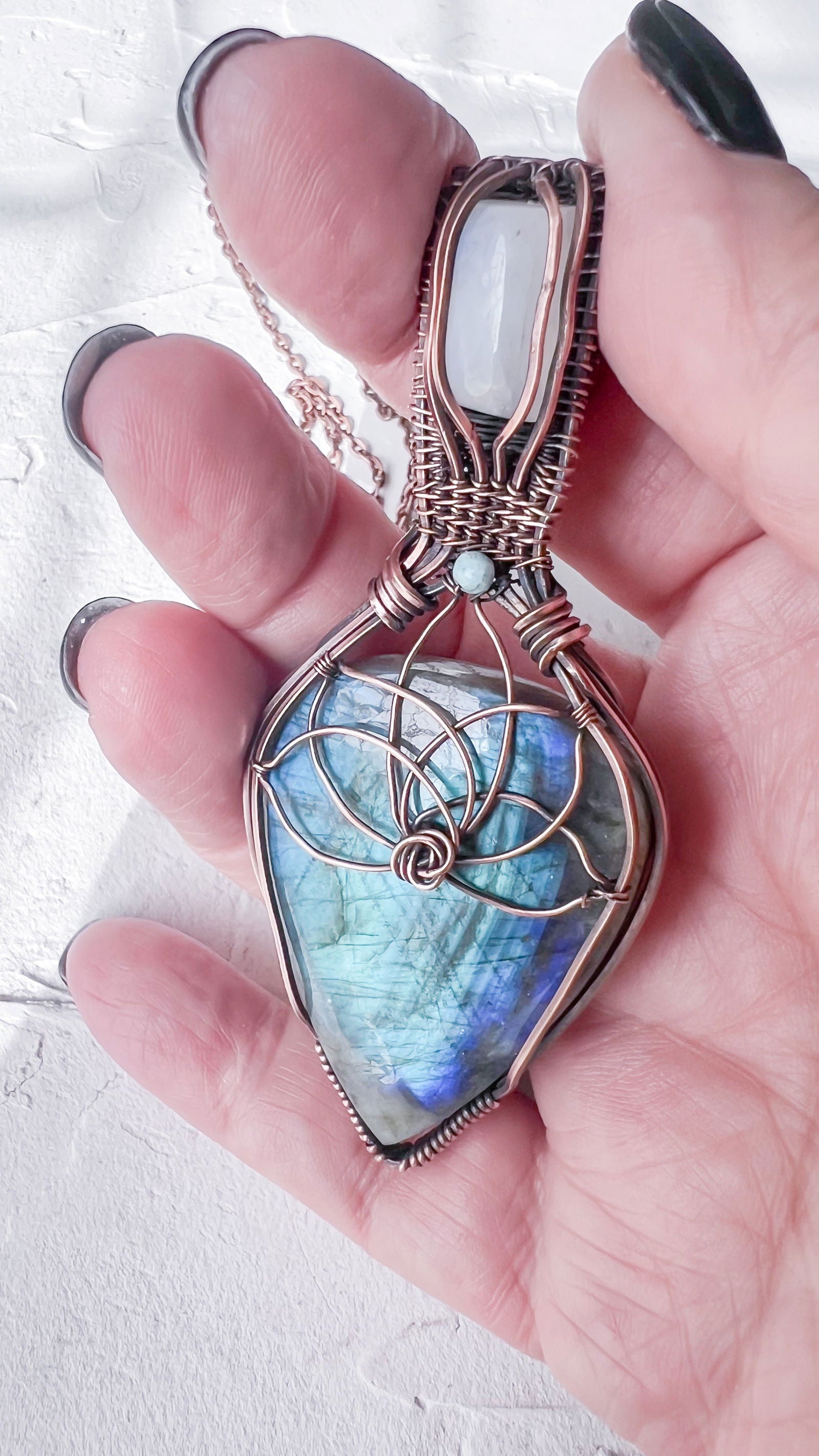 Labradorite and Moonstone Lotus Pendant - Copper Jewels