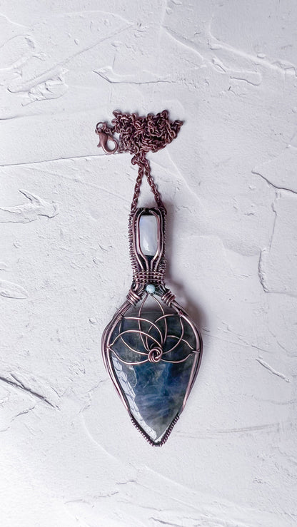 Labradorite and Moonstone Lotus Pendant - Copper Jewels