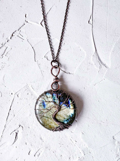 Labradorite and Peach Moonstone Tree of Life Copper Necklace - Copper Jewels