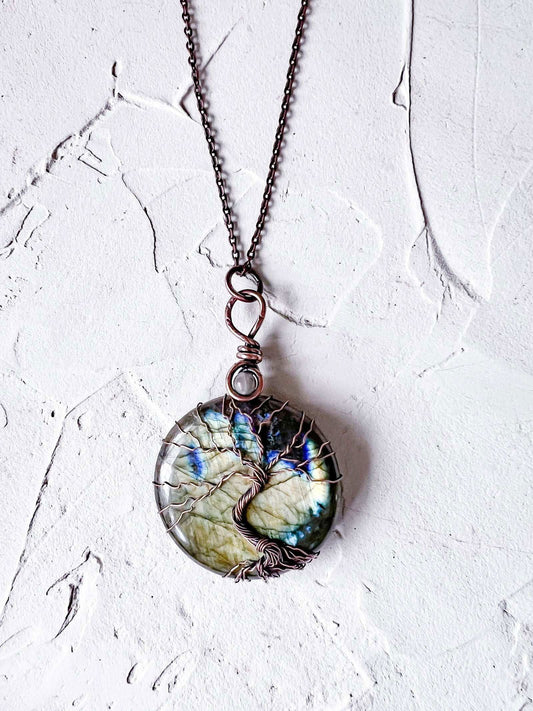 Labradorite and Peach Moonstone Tree of Life Copper Necklace - Copper Jewels