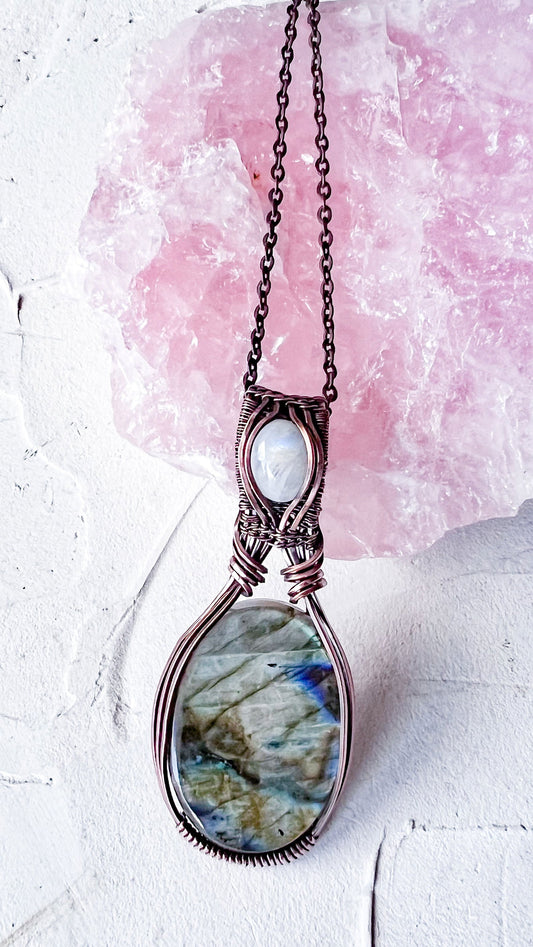 Large Labradorite and Rainbow Moonstone Copper Wire Pendant - Copper Jewels